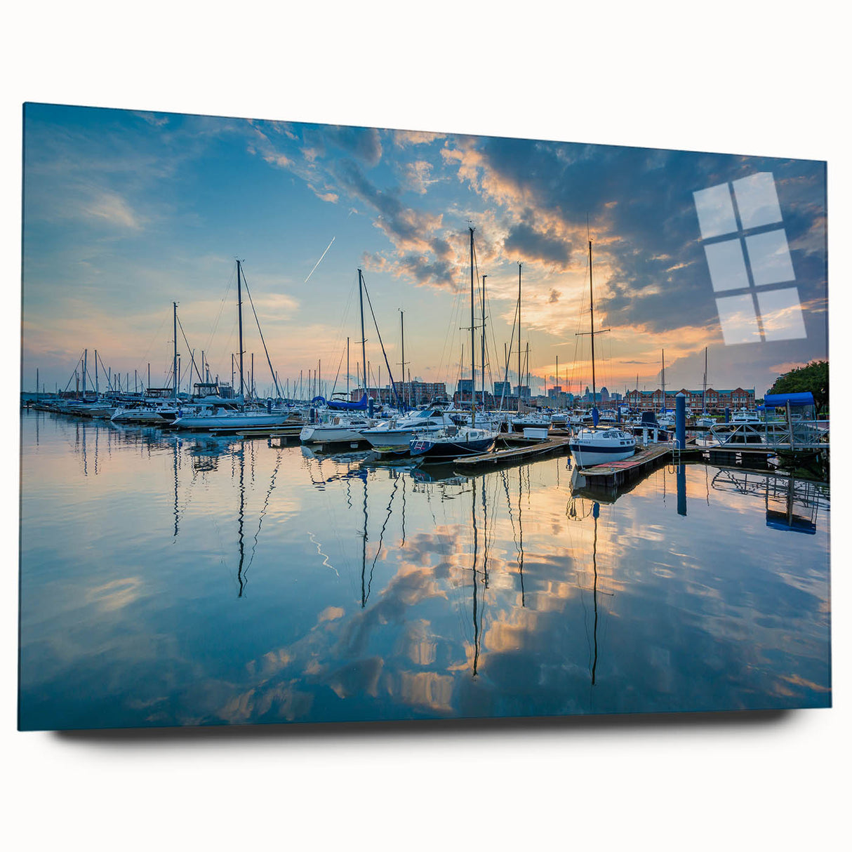 Acrylic print of a large abstract depiction of the Baltimore skyline in cool blue and gray tones.