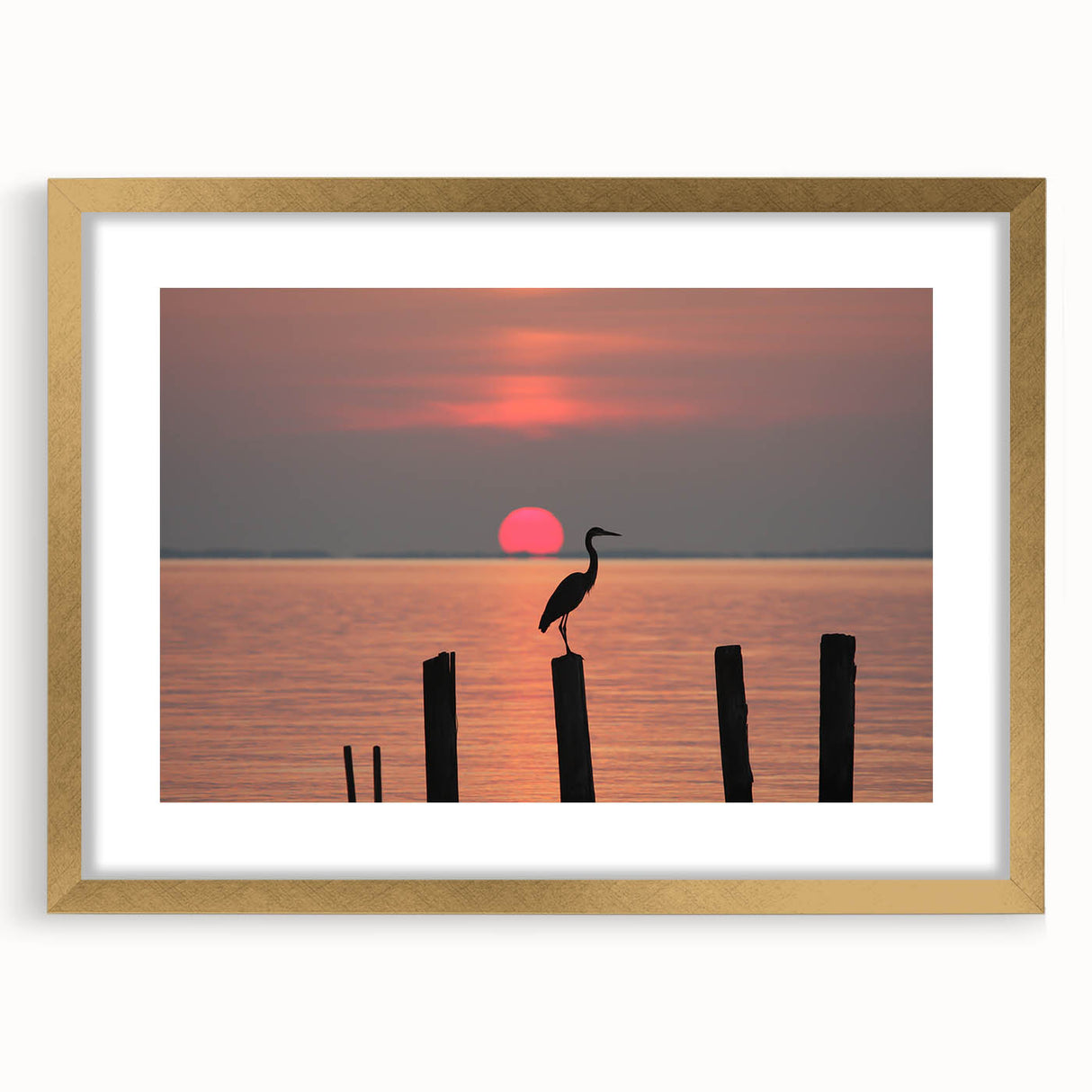 Extra large textured abstract art print of Chesapeake Bay in muted blues and grays, framed in gold.