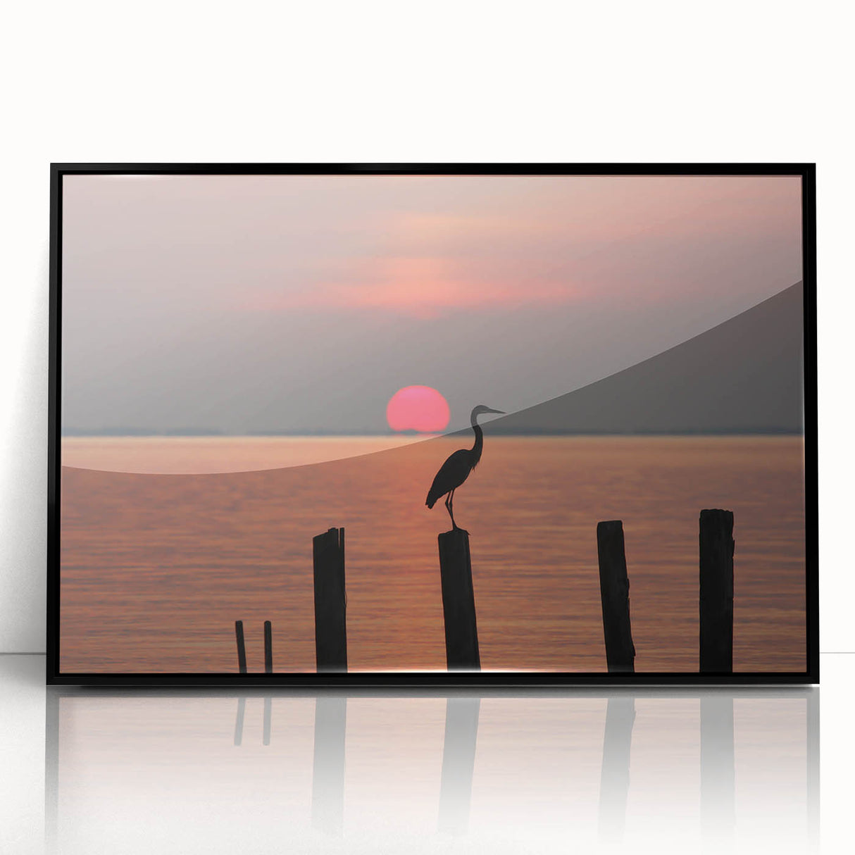 Large abstract wall art depicting Chesapeake Bay in muted blue and gray tones, framed in black acrylic.