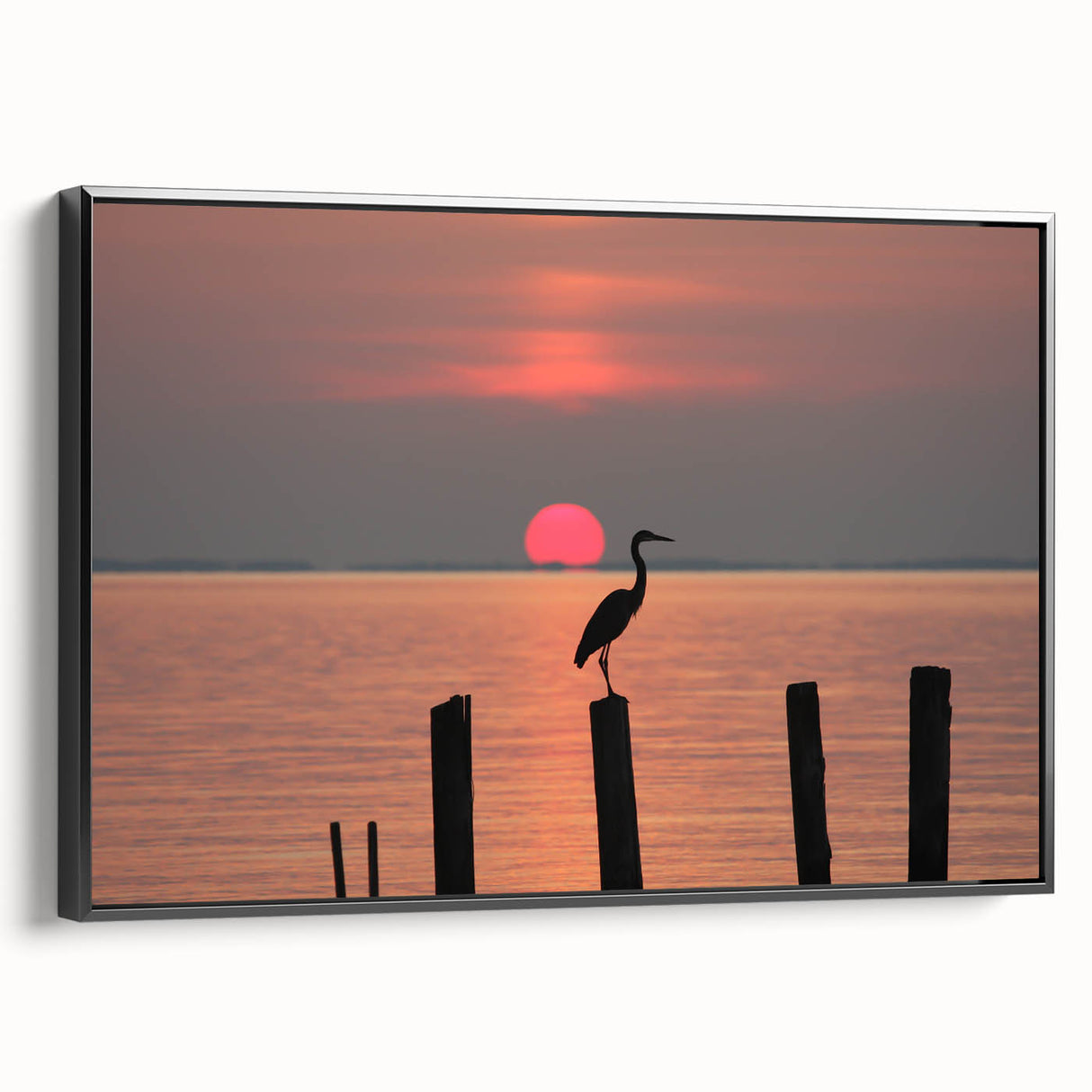 Black and white framed canvas of Chesapeake Bay landscape, ideal for bedroom wall art.