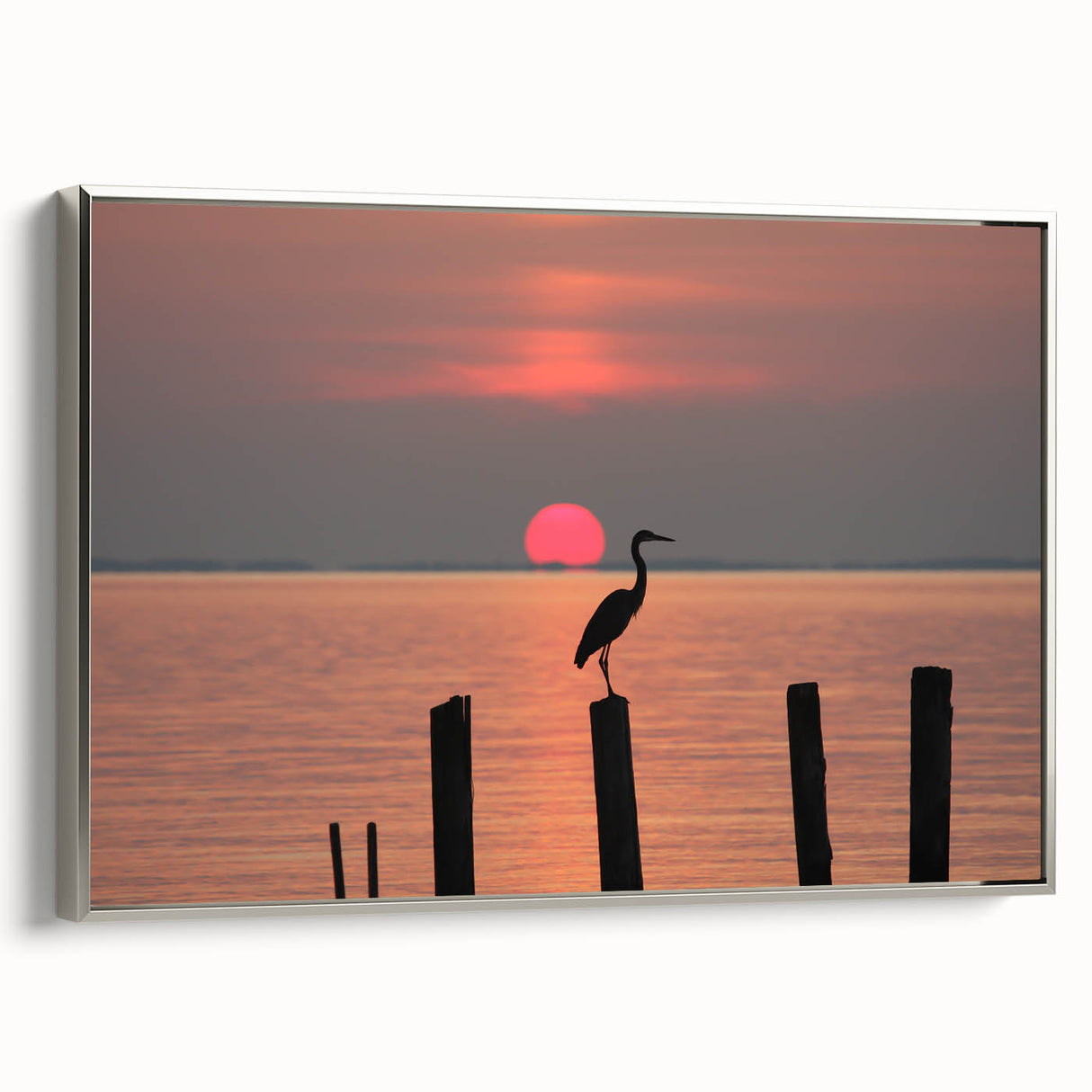 Framed canvas featuring a vintage-style landscape painting of Chesapeake Bay with muted blues and greens.