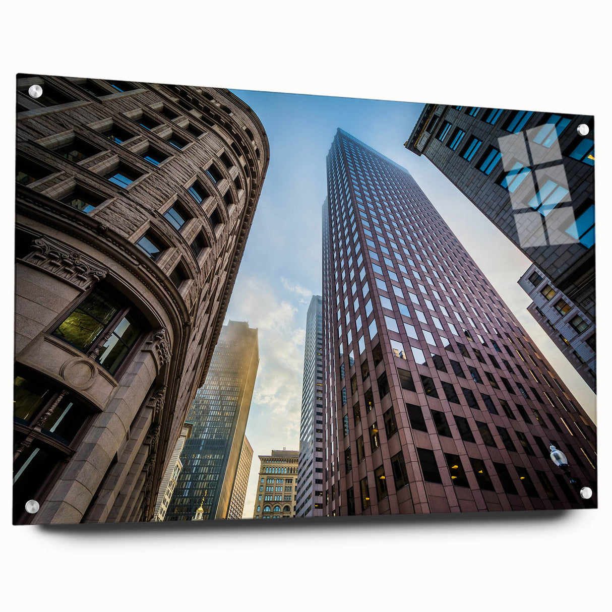 Acrylic print of a large abstract depiction of the Boston skyline in cool blue and gray tones.