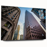Acrylic print of a large abstract depiction of Boston skyline in muted blue and gray tones.