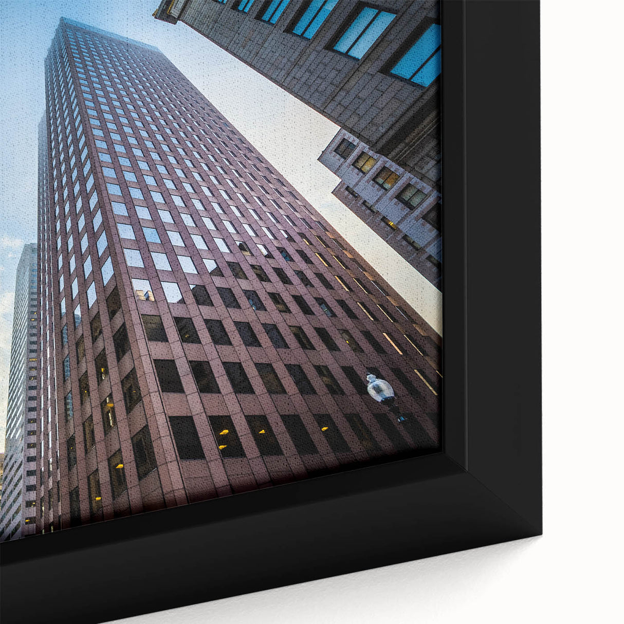 Framed canvas of Boston skyline in black with colorful, textured brush strokes, ideal for extra large living room wall art.