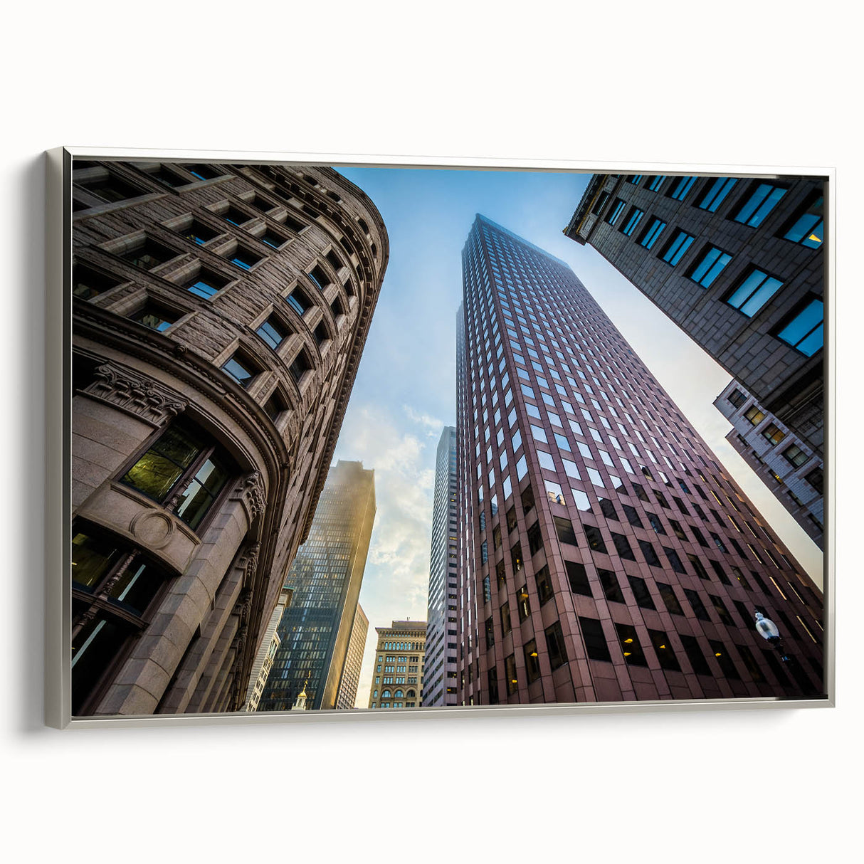 Vintage poster art of Boston skyline in colorful hues on a large framed canvas, suitable for living room decor.