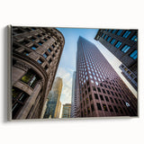 Vintage poster art of Boston skyline in colorful hues on a large framed canvas, suitable for living room decor.