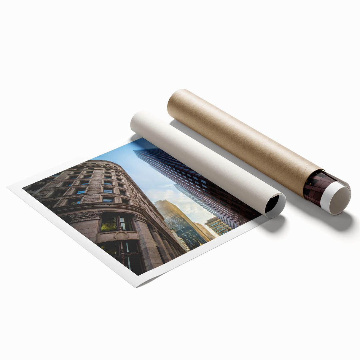 Extra large rolled print of Boston scenery with floral elements in soft pastel shades, suitable for classy bathroom decor.