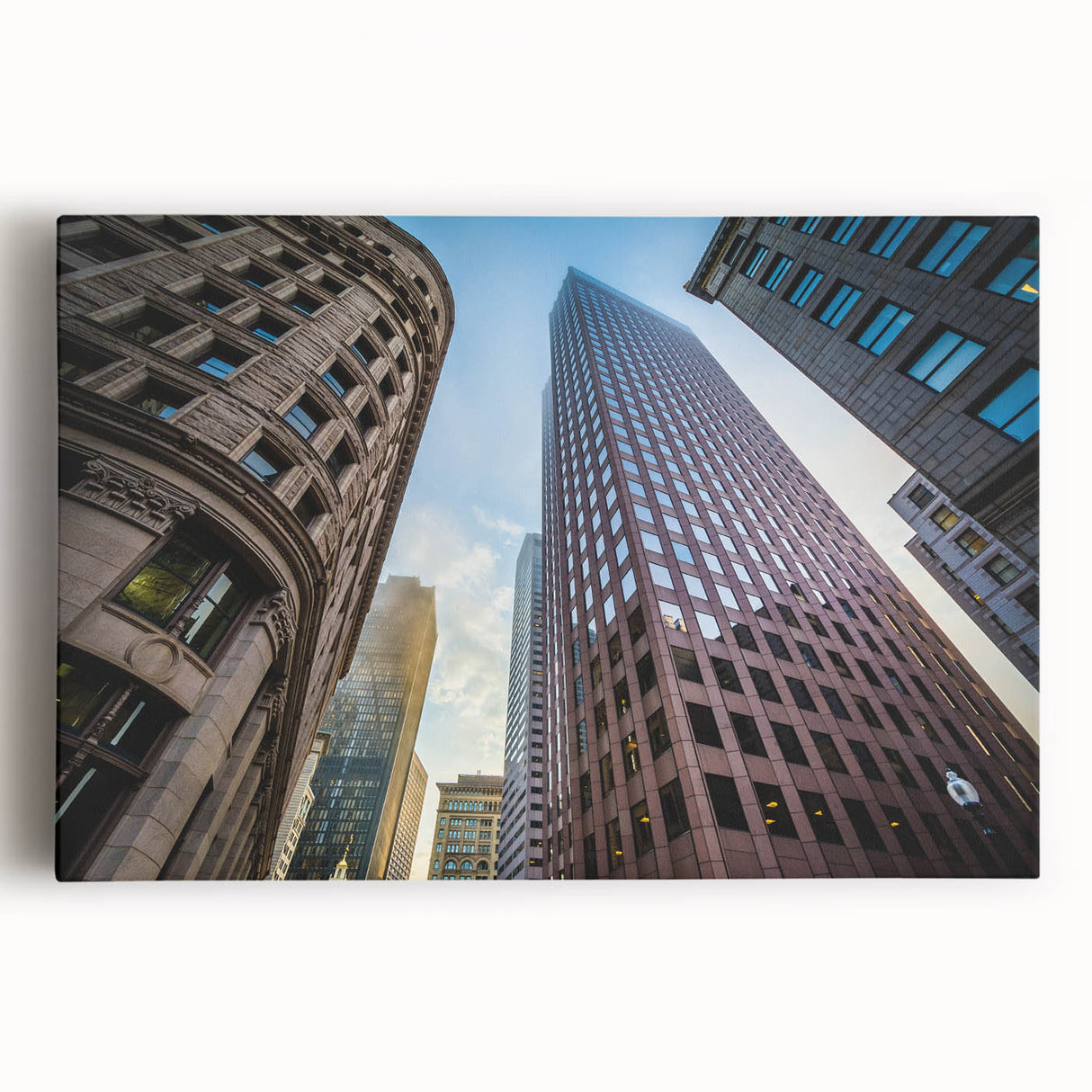 Black and white photo of Boston skyline on stretched canvas, ideal for kitchen wall art.