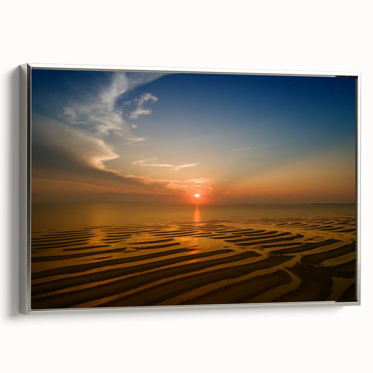 Framed canvas of a vintage-style Massachusetts Cape landscape painting, featuring muted earth tones.