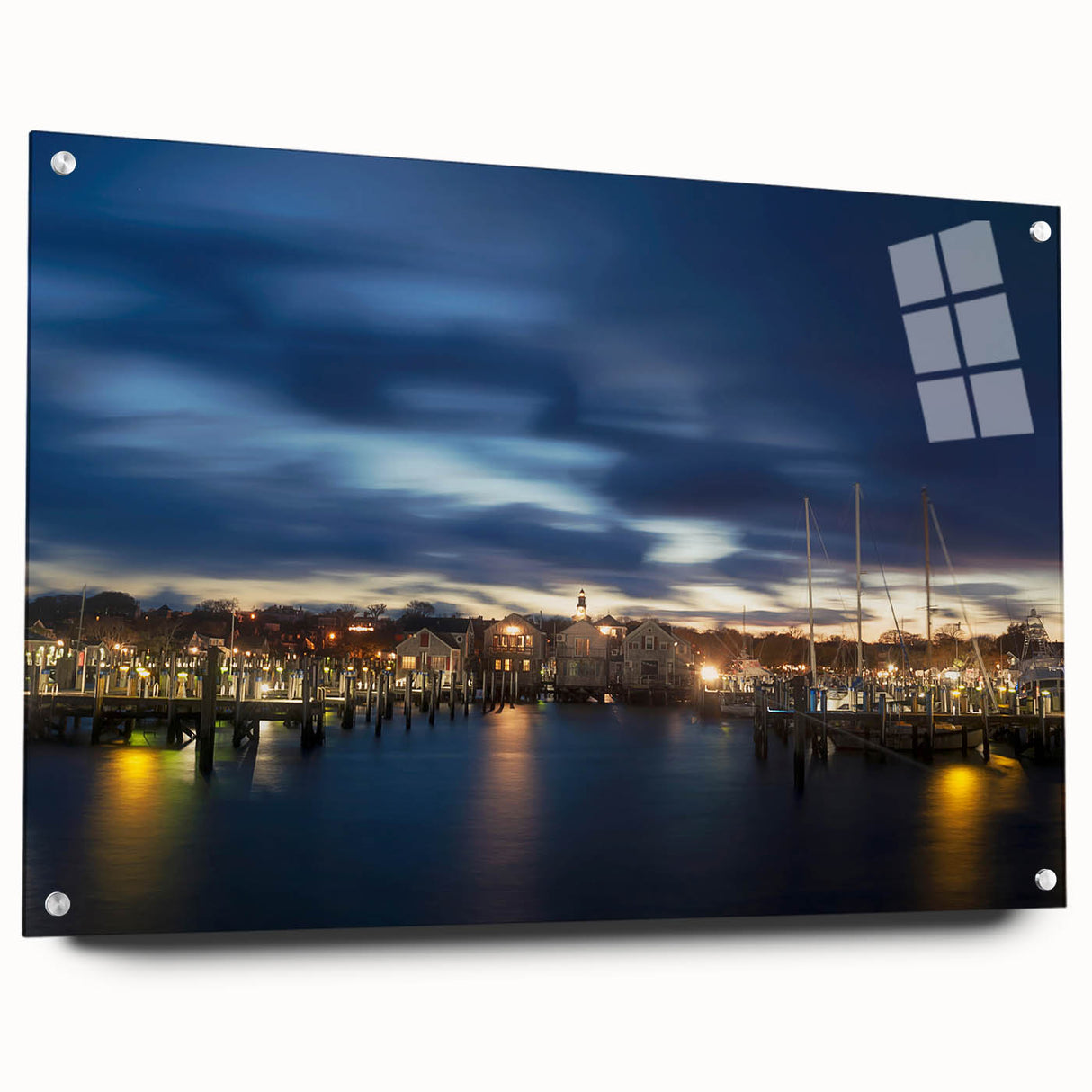 Acrylic print of a large abstract depiction of Nantucket, featuring cool blue and gray tones.