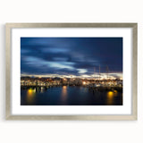Textured abstract art print of a Massachusetts, Nantucket scenery in muted blue and gray, framed in silver.