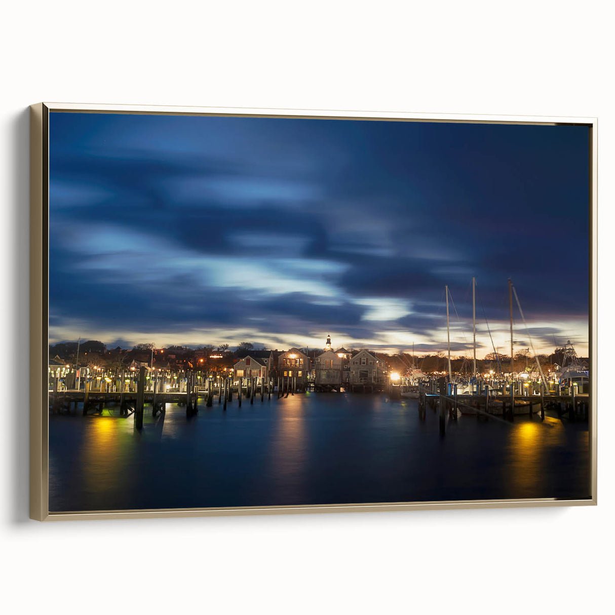 Framed canvas depicting a vintage-style Nantucket landscape in muted gold and black tones.