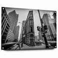 Acrylic print of a large abstract depiction of Detroit's skyline in cool blue and gray tones.
