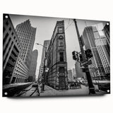 Acrylic print of a large abstract depiction of Detroit's skyline in cool blue and gray tones.