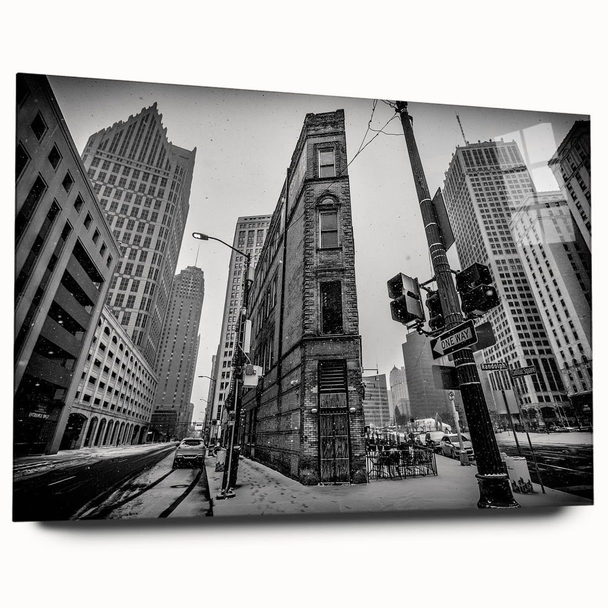Large abstract depiction of Detroit skyline in muted blue and grey tones on acrylic glass.