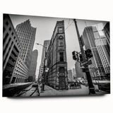 Large abstract depiction of Detroit skyline in muted blue and grey tones on acrylic glass.