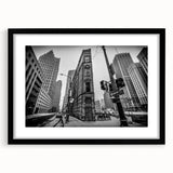 Extra large abstract art print of a colorful Detroit skyline in vibrant hues on a textured canvas, framed in black.