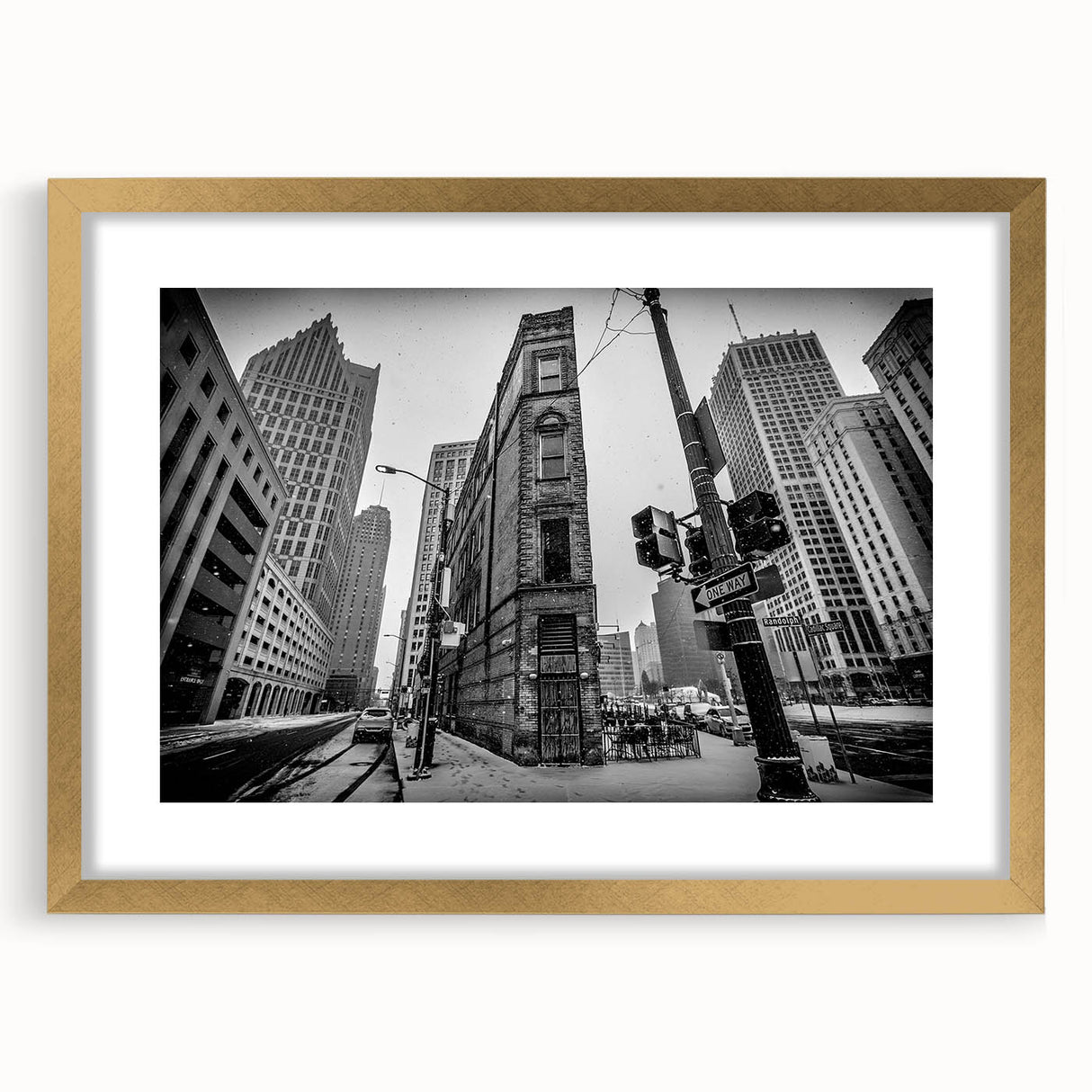Extra large abstract art print of Detroit skyline in textured gold frame, ideal for living room decor.