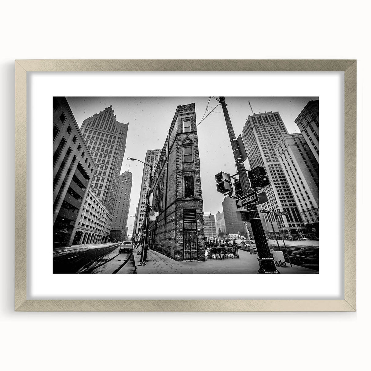 Textured abstract art print of Detroit skyline in muted gray and blue tones on framed canvas, suitable for bedroom art.