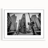Abstract art print of Detroit skyline in muted gray and blue tones on a framed white mat, ideal for dining room decor.