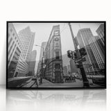 Large abstract wall art depicting Detroit skyline in muted gray and blue tones on framed acrylic.