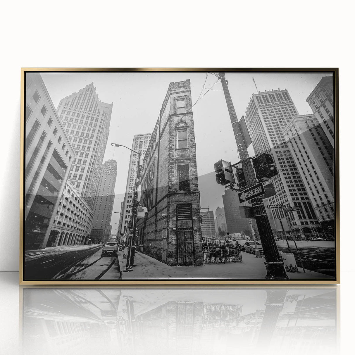 Framed acrylic print of Detroit skyline in gold and blue hues, ideal for modern art wall decor.