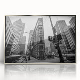 Mid-century modernist art of Detroit skyline in muted gray and blue tones on a framed acrylic print.