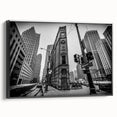 Framed canvas of black and white Detroit landscape, ideal for bedroom decor with a vintage poster art style.