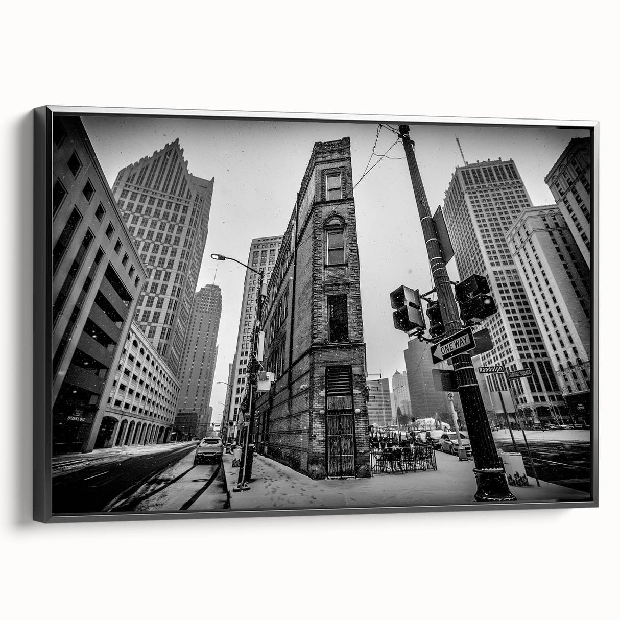 Framed canvas of black and white Detroit landscape, ideal for bedroom decor with a vintage poster art style.