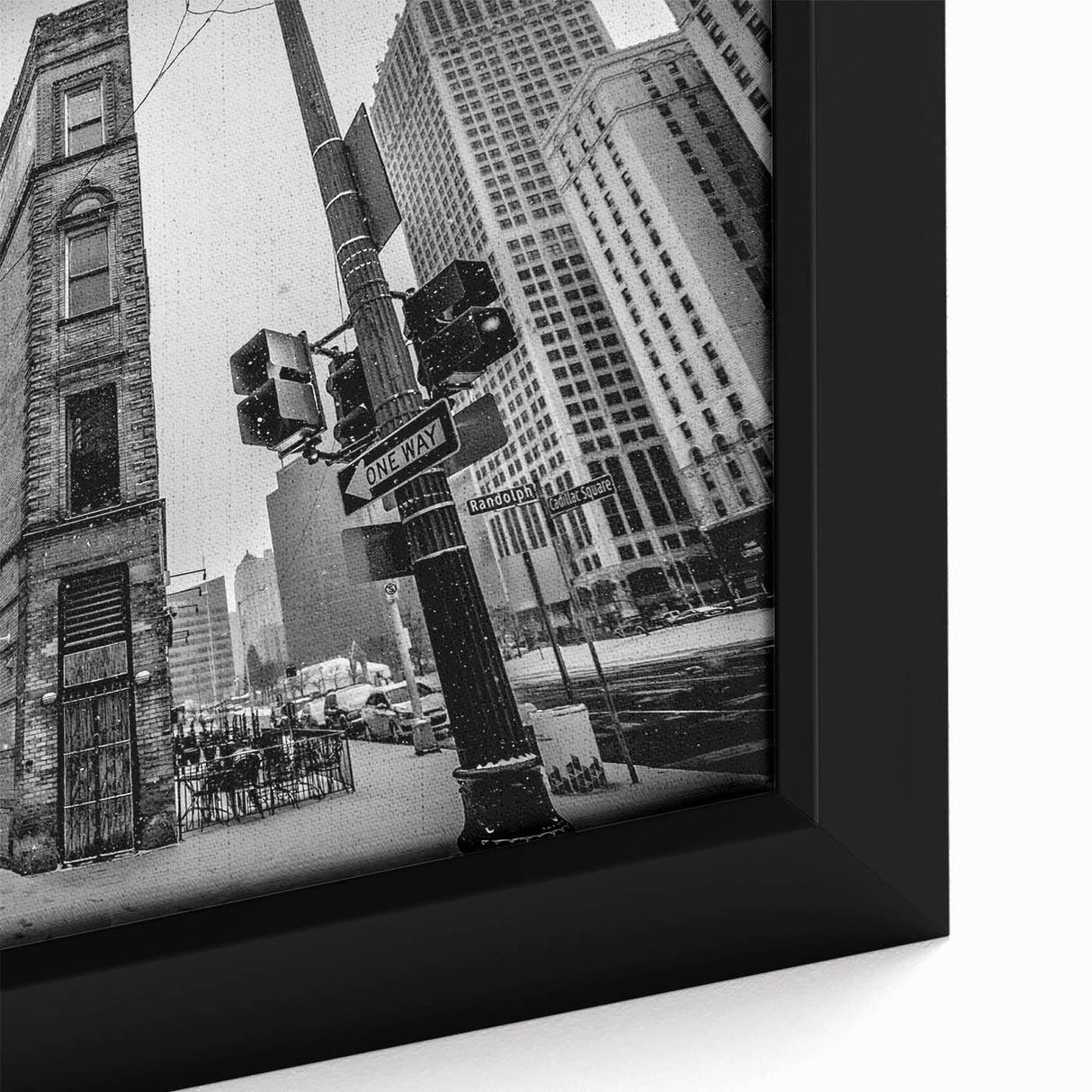 Extra large framed canvas featuring a textured depiction of Detroit's skyline in black with colorful accents.