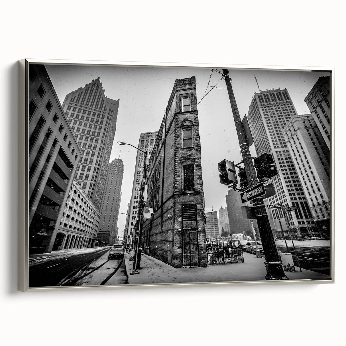 Framed canvas landscape art painting of Detroit, featuring vintage-style black and colorful elements, ideal for office decor.