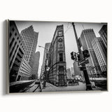 Framed canvas landscape art painting of Detroit, featuring vintage-style black and colorful elements, ideal for office decor.