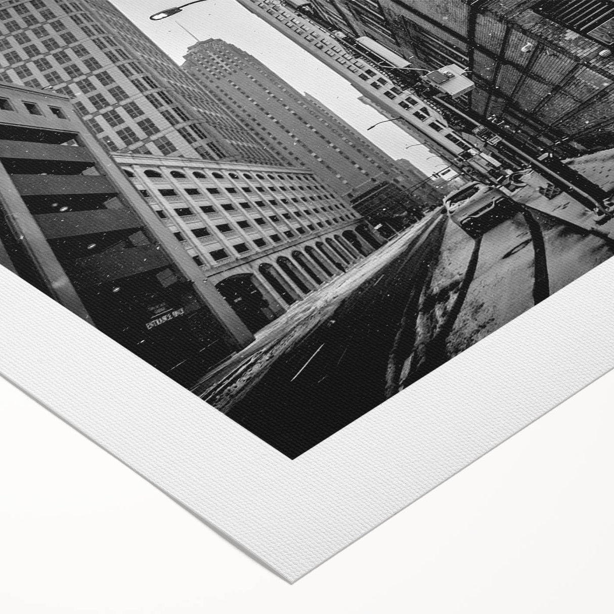 Art deco poster of Detroit skyline in muted gray and blue tones on rolled canvas, suitable for dining room wall art.