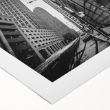 Art deco poster of Detroit skyline in muted gray and blue tones on rolled canvas, suitable for dining room wall art.