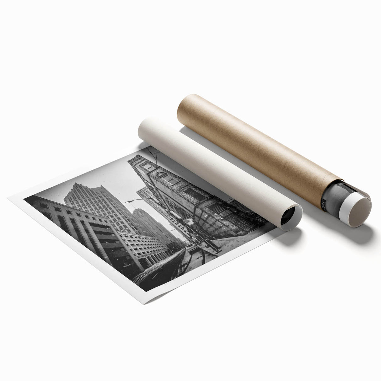 Extra large rolled print of Detroit skyline, with floral accents in pastel shades, ideal for classy bathroom wall art.