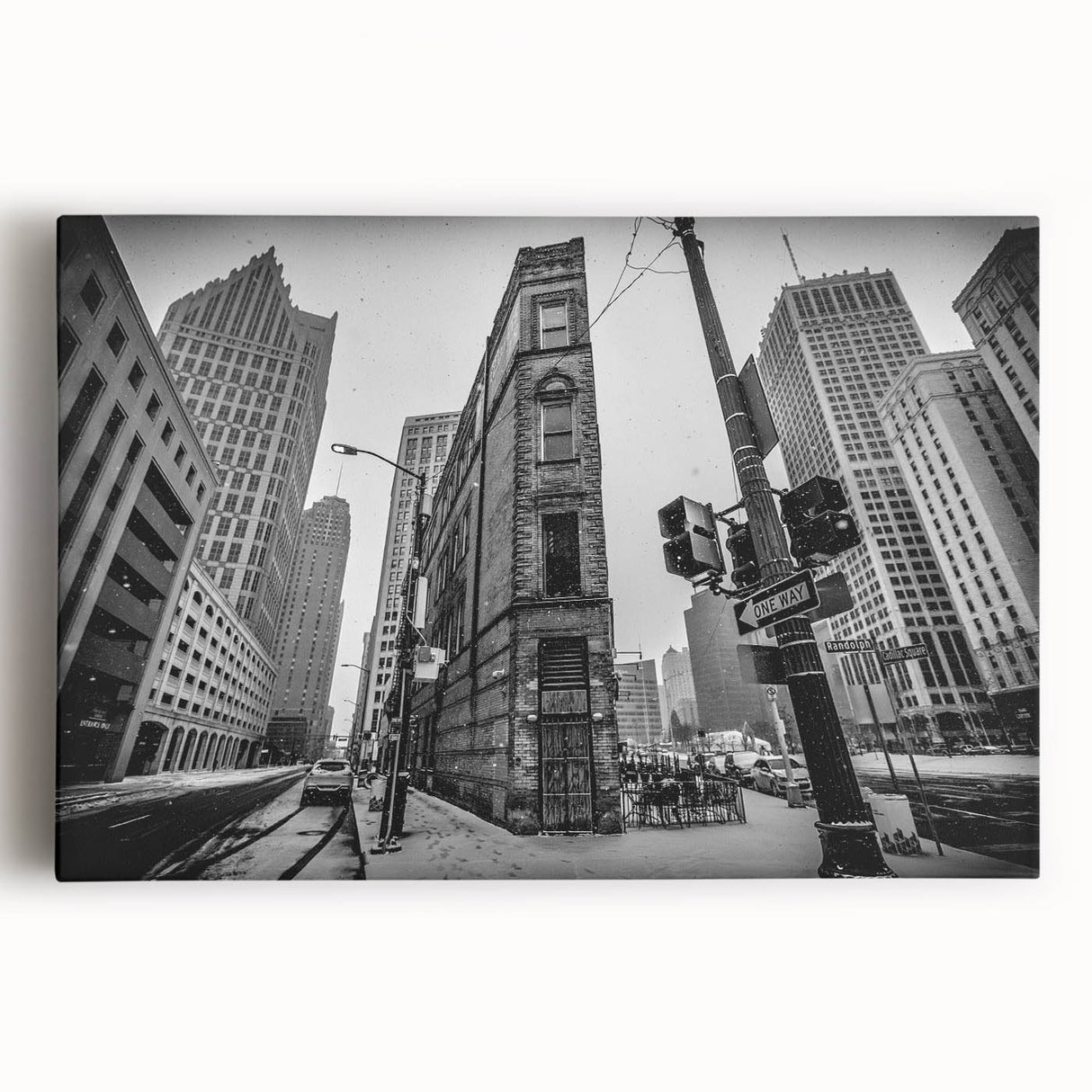 Black and white photo of Detroit skyline on large stretched canvas, suitable for kitchen wall art.