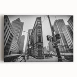Black and white photo of Detroit skyline on large stretched canvas, suitable for kitchen wall art.