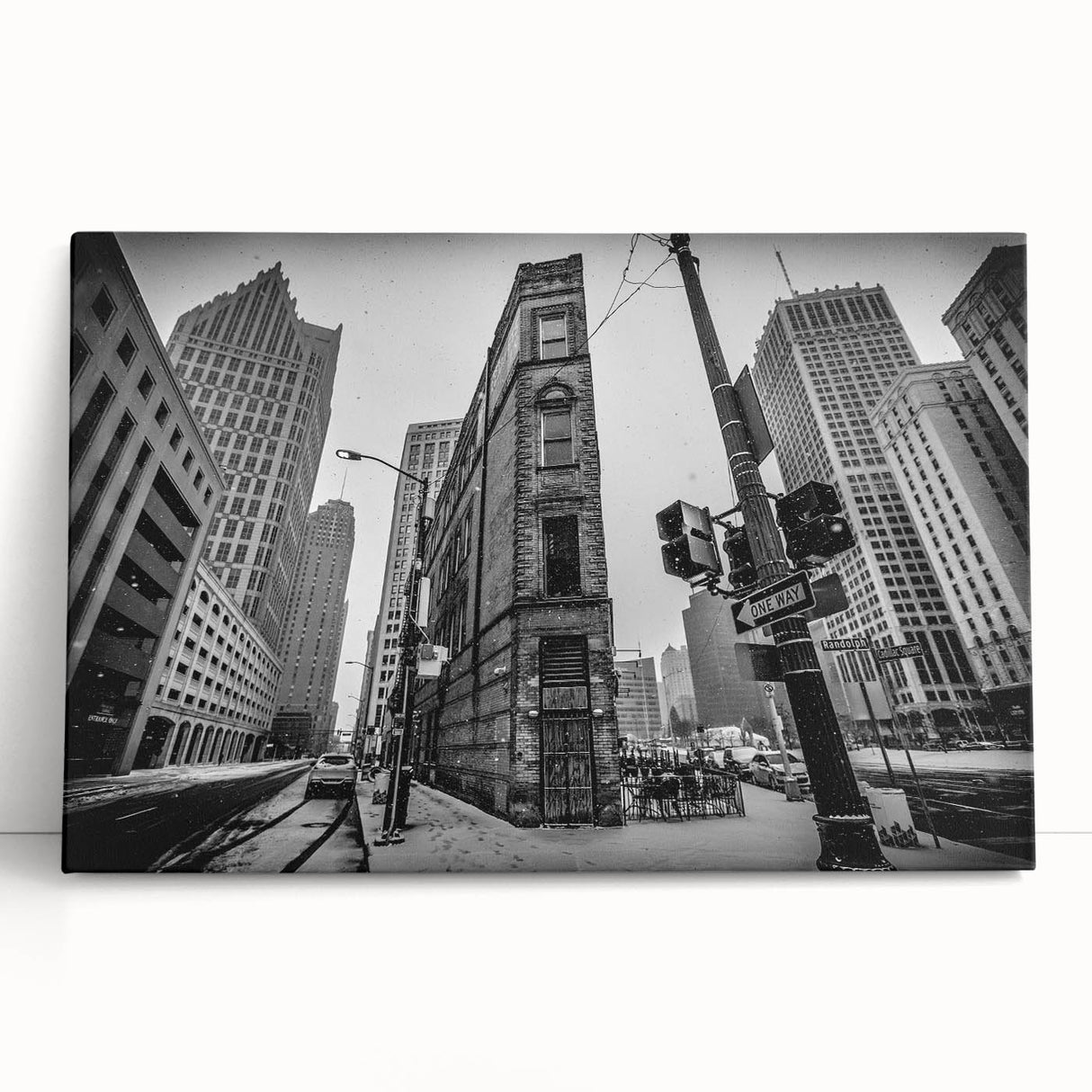Black and white panoramic photo of Detroit skyline on stretched canvas, ideal for kitchen wall art.