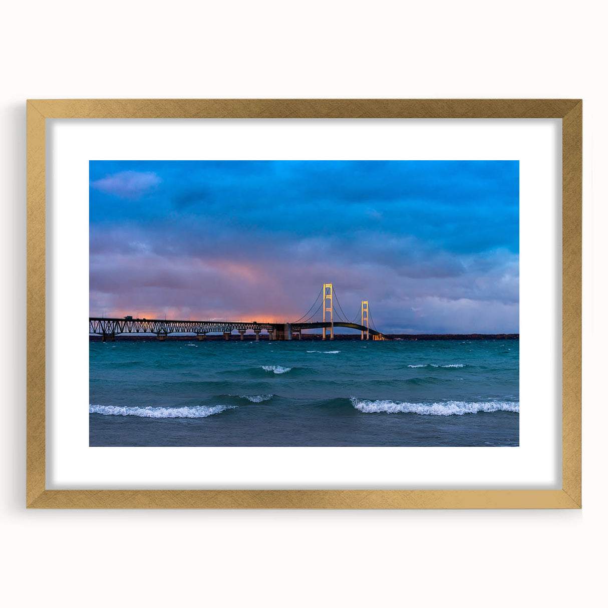 Extra large abstract art print depicting Michigan's Upper Peninsula in textured gold and green tones on a framed canvas.