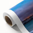 Art deco poster of Michigan's Upper Peninsula in soft blue and green tones on rolled canvas, suitable for nursery wall art.