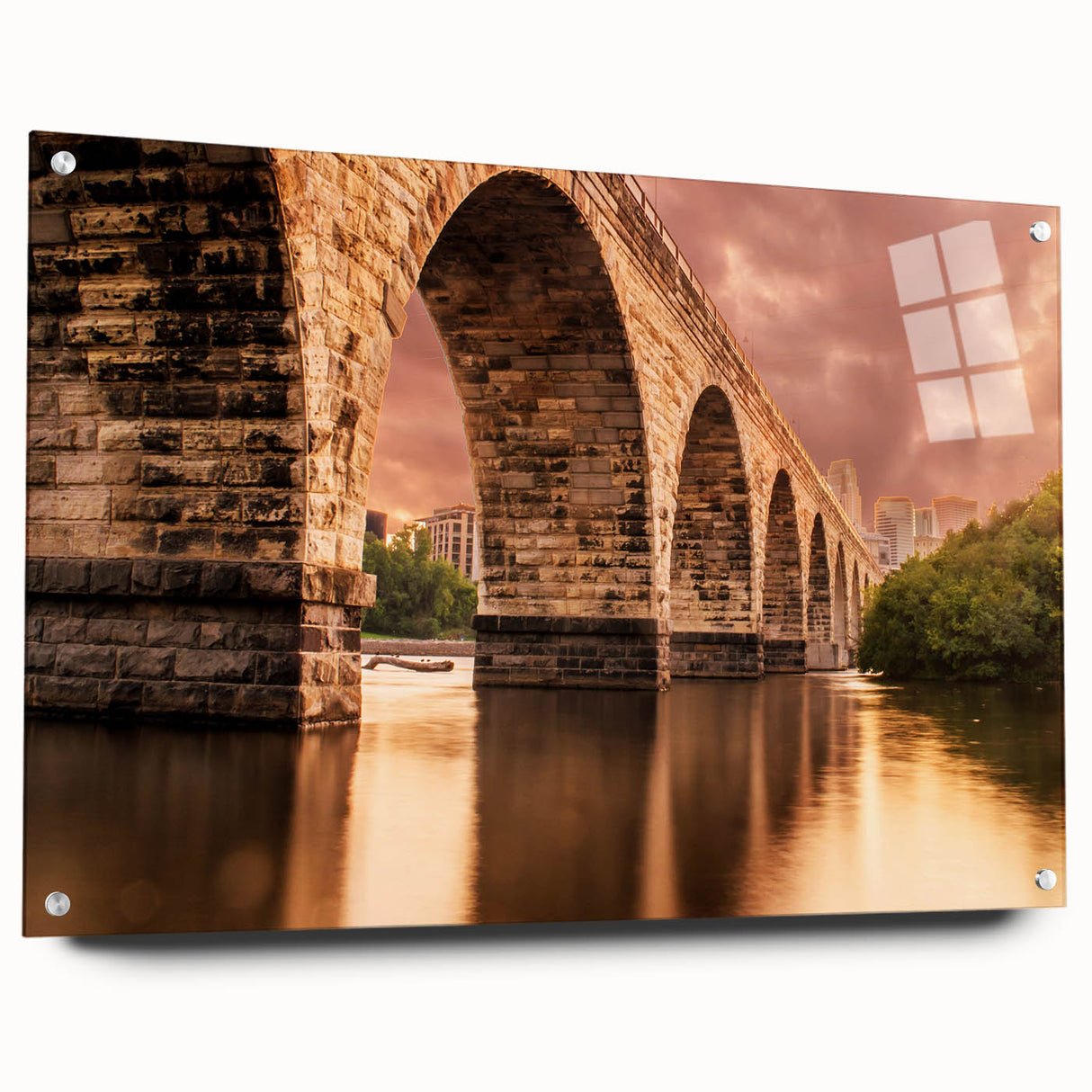 Acrylic print of Minneapolis skyline in muted blue tones, suitable for bedroom or dining room decor.