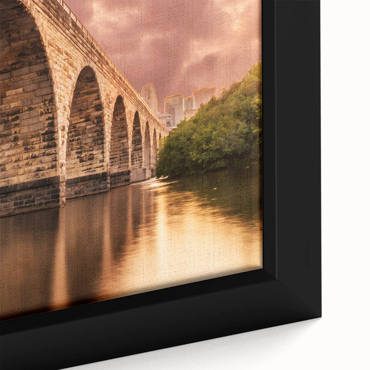 Textured black wall art featuring a colorful Minneapolis skyline on extra large framed canvas.