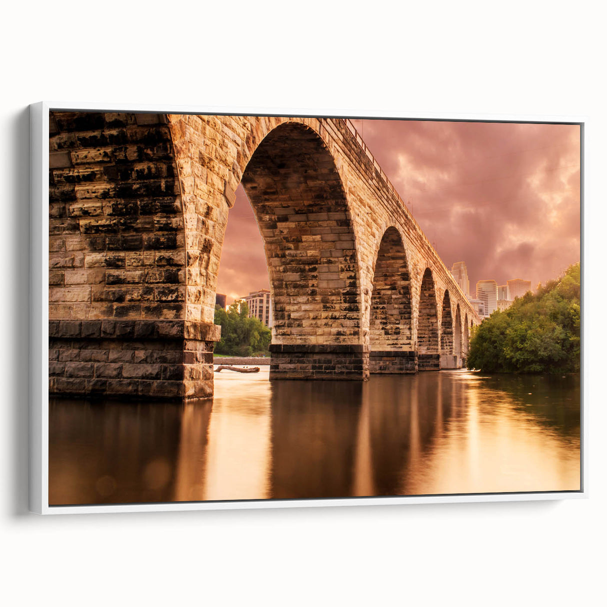 Vintage poster art of Minneapolis skyline in vibrant colors on a large framed canvas, ideal for living room decor.