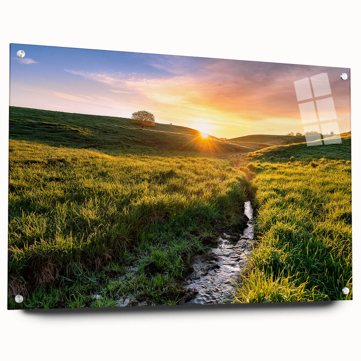 Large abstract wall art depicting Minnesota scenery in muted earth tones on acrylic glass.