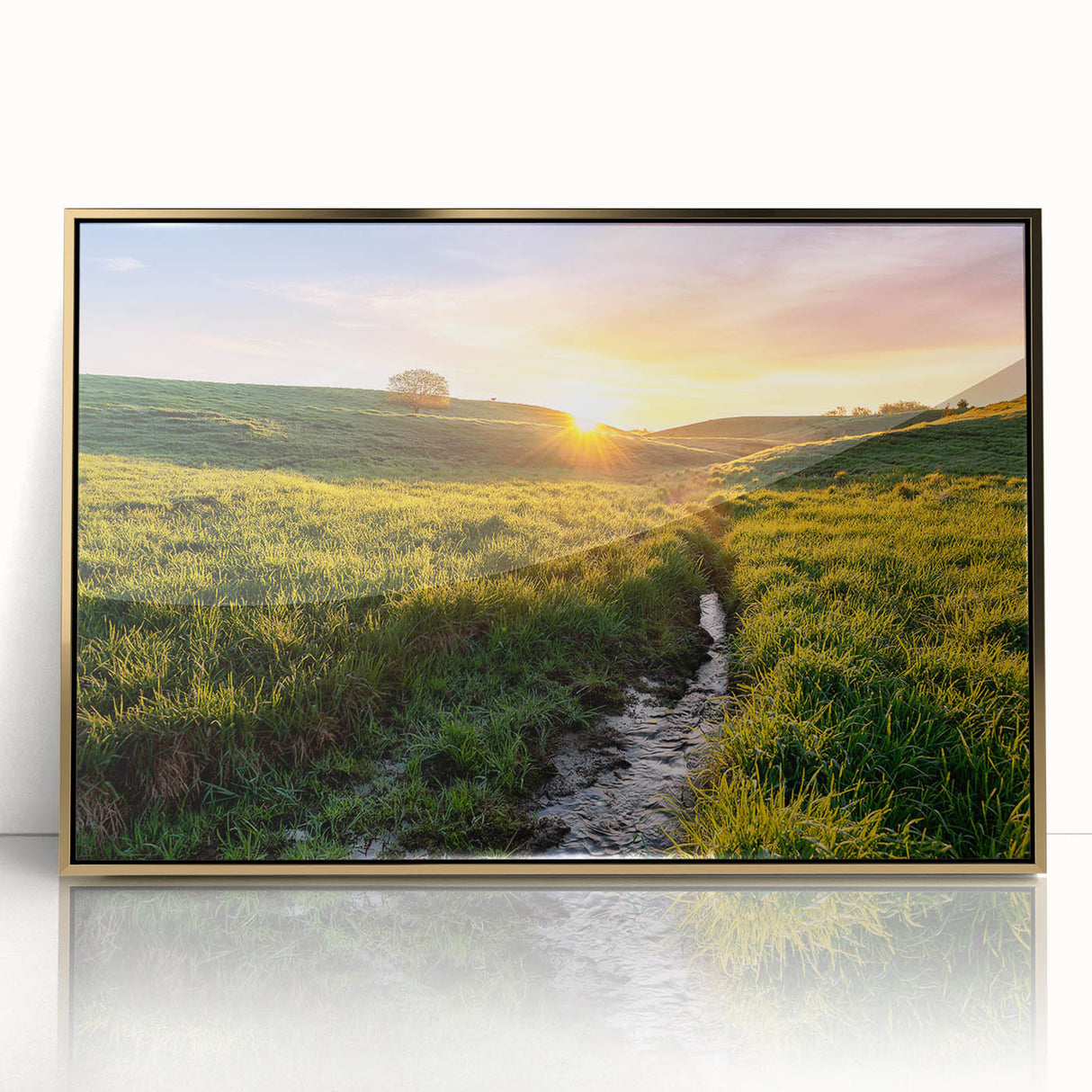 Large art print of a Minnesota landscape in muted earth tones on a framed acrylic, ideal for modern nursery wall decor.