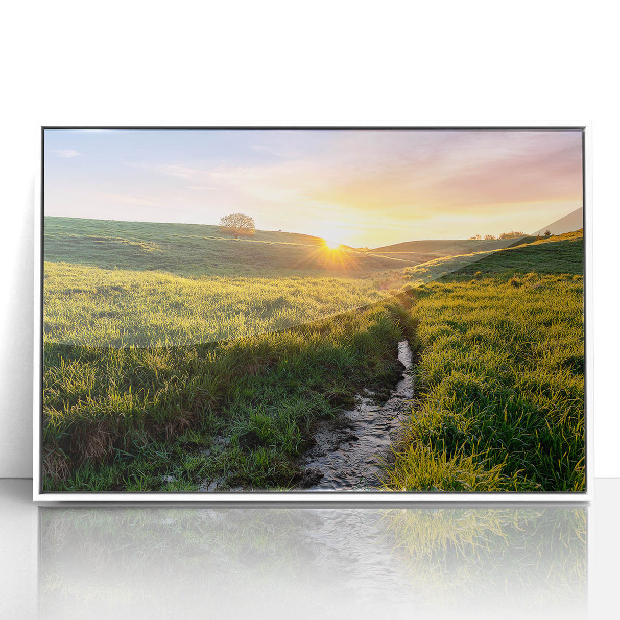 Acrylic print of a minimalist Minnesota landscape in muted gray and blue tones, ideal for modern art wall decor.