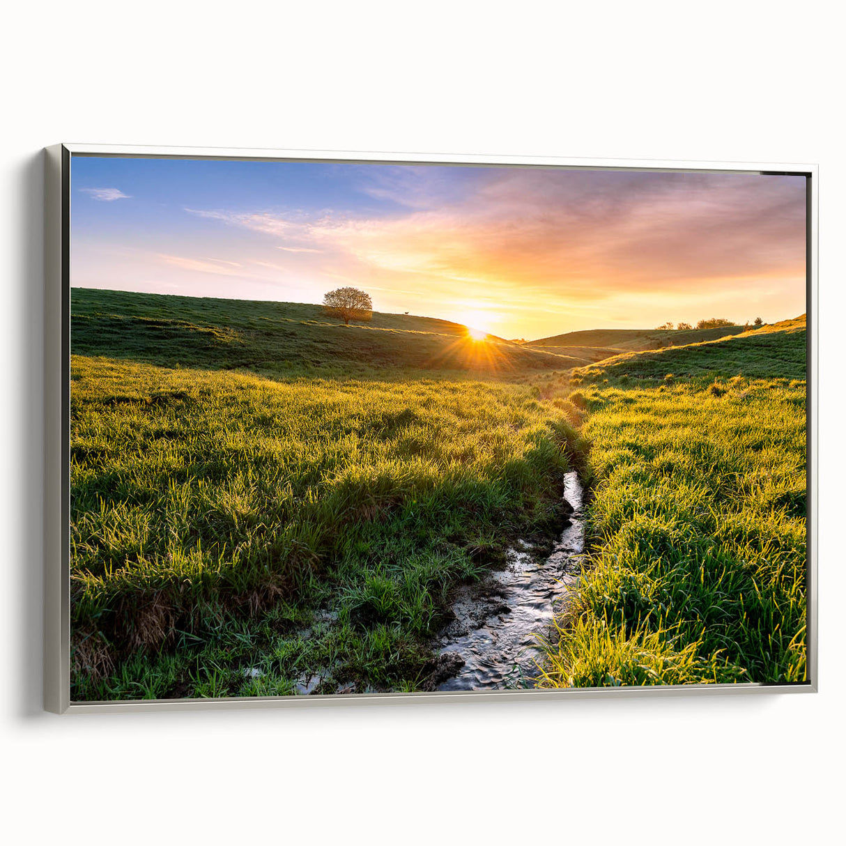Framed canvas featuring a vintage-style landscape painting of Minnesota scenery in muted earth tones.