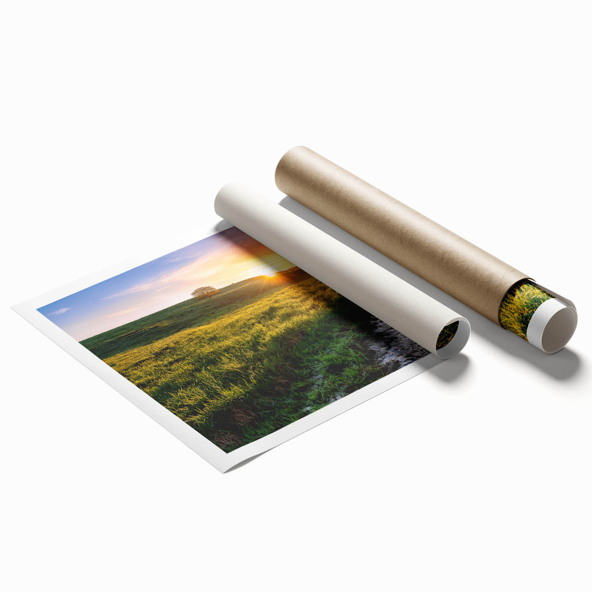 Extra large rolled print of a serene Minnesota landscape with muted green and blue tones, ideal for classy bathroom wall art.