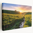 Side view of a large stretched canvas depicting a tranquil Minnesota landscape in soft green and blue tones.
