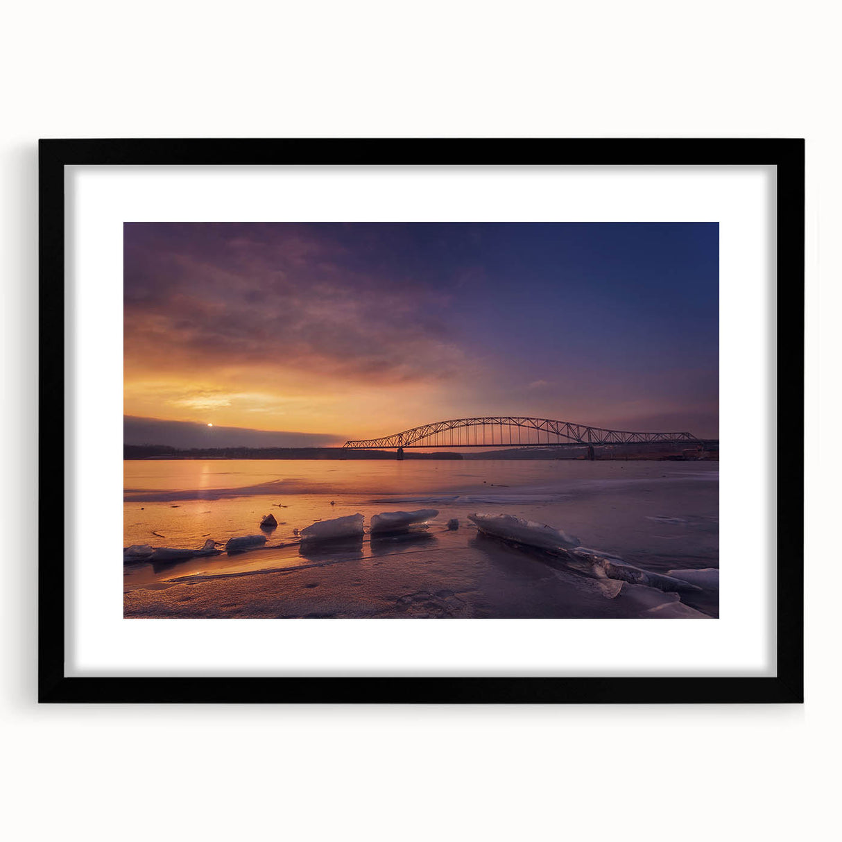 Vintage poster art of a colorful Mississippi scenery in a black frame with mat, ideal for living room decor.